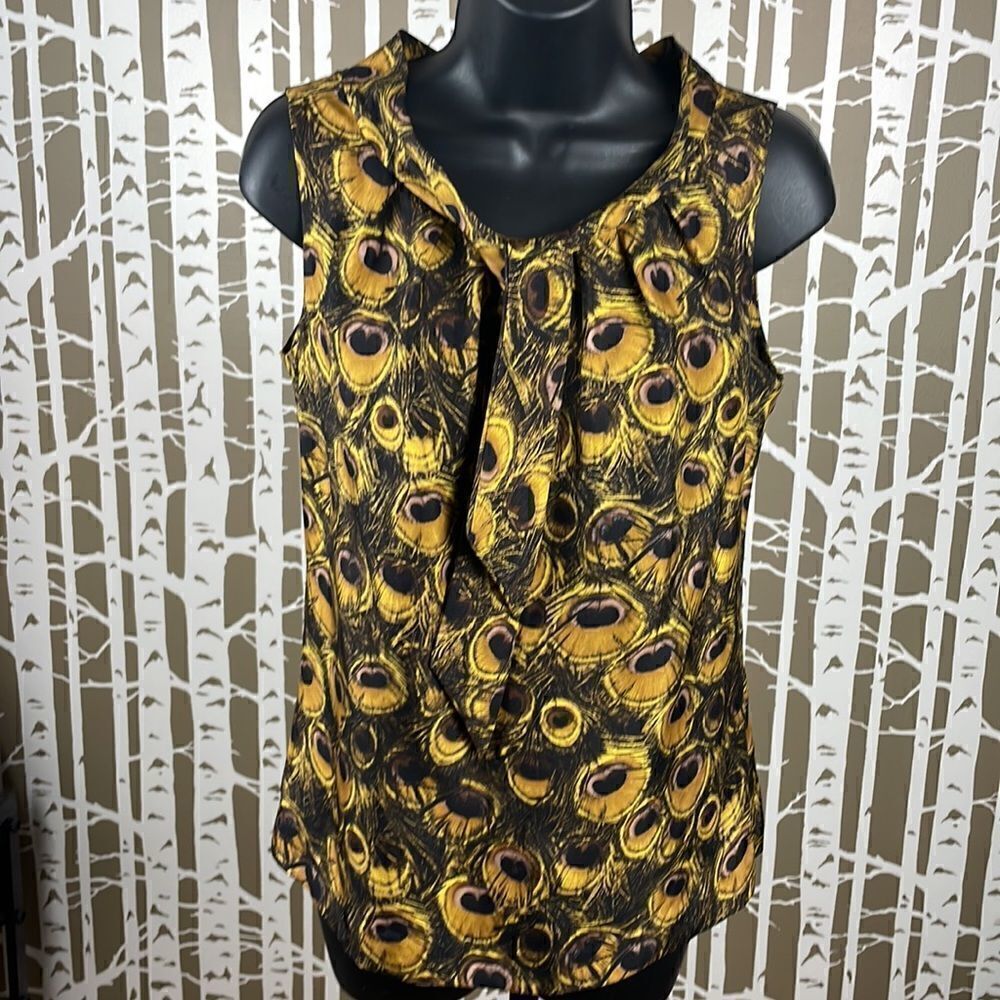 Milly Silk Peacock Feather Print Tie Neck Tank Top Blouse 2